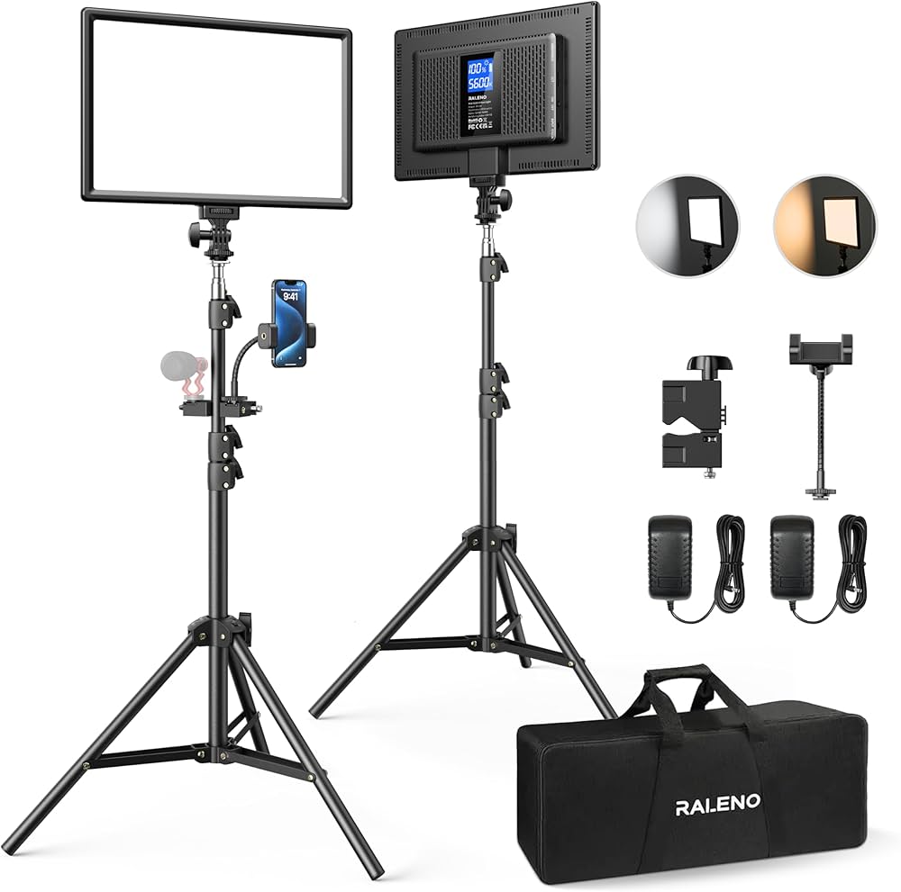 RALENO 2 Packs LED Video Light and 75inches Stand Lighting Kit, CRI 95+ Photography Lighting with 8000mAh Built-in Battery & LCD Display